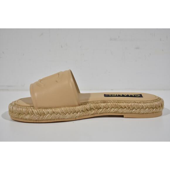 Chanel 23C Beige Lambskin Leather CC Logo Slide Sandal Slip Espadrille Flat 38 - Picture 9 of 12